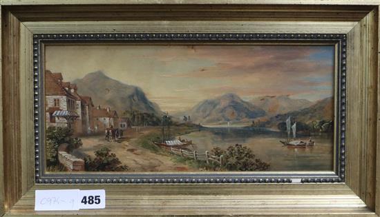 Late 19th century English School, oil on board, Lake scene, 14 x 33cm